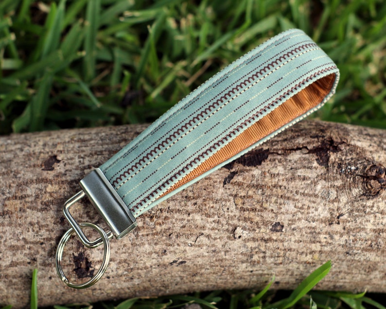 Key Fobs for him or her, choice of chambray, gray paisley, or blue brown stripes, key holder, gift for him, gift for her, fabric key fob Blue Brown Stripe
