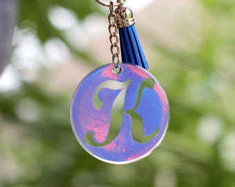 Personalized Key Chain, holographic blue gold vinyl keychain, initial, monogram gift Mom, color-changing round key chain, personalized gift
