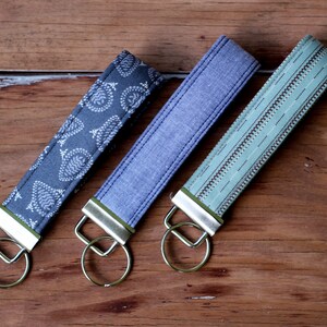 Key Fobs for him or her, choice of chambray, gray paisley, or blue brown stripes, key holder, gift for him, gift for her, fabric key fob image 7