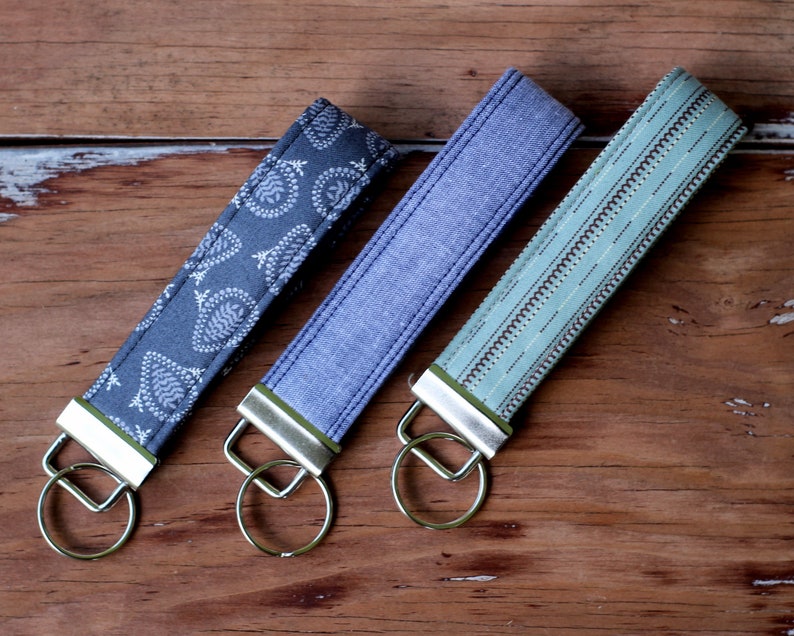 Key Fobs for him or her, choice of chambray, gray paisley, or blue brown stripes, key holder, gift for him, gift for her, fabric key fob image 7