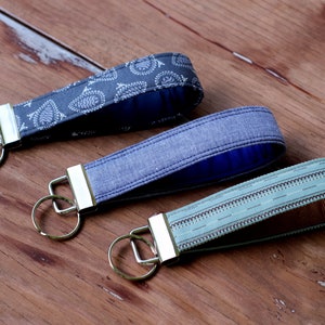 Key Fobs for him or her, choice of chambray, gray paisley, or blue brown stripes, key holder, gift for him, gift for her, fabric key fob image 5