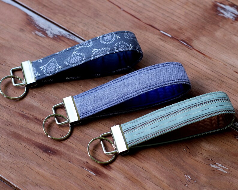 Key Fobs for him or her, choice of chambray, gray paisley, or blue brown stripes, key holder, gift for him, gift for her, fabric key fob image 5