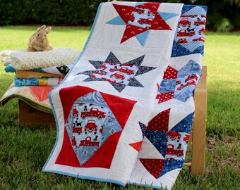 Patriotic Quilt, handmade quilt, red white blue, lap quilt, throw, lap quilts for sale, truck, black dog, toddler boys bedding, girls quilt