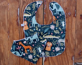Animals on blue cotton baby feeding or drool bib, bandana bib