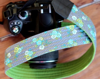 Camera Strap for women, floral camera strap, dslr camera strap, camera neck strap, gray camera strap cover, camera gear, canon camera strap