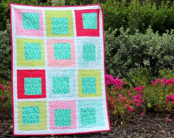 Baby girl Quilt, Seahorse Quilt, aqua blue pink white green quilt for little girl