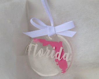 Florida Christmas Tree ornament, pink blue rose gold acrylic holiday ornament, Florida sun ornament, state ornament, map of Florida, gift