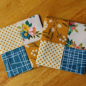 Wine Glass Coaster Set Gold Blue White Floral, set of 2, beverage coasters, cloth coasters, glass slippers, handcrafted cotton coasters