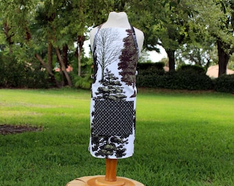 Kids Tree Print Cotton Canvas Apron, black green white, black pocket, adjustable ties