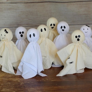 Halloween Decorative Gauze Ghosts, Small Table or Mantel fall ghost decor, white ghosts, girl and boy ghosts for centerpiece, cute happy