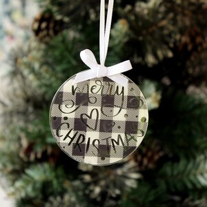 Merry Christmas black and white buffalo plaid tree ornament, round 3 ornament, black white plaid ornament, farmhouse style, holiday gift image 6