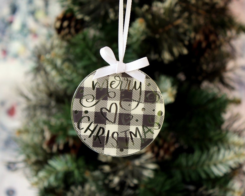 Merry Christmas black and white buffalo plaid tree ornament, round 3 ornament, black white plaid ornament, farmhouse style, holiday gift image 6