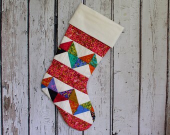 Fun modern colorful Christmas stocking, cheerful unique holiday stocking,  handcrafted cotton stocking, gift for her, holiday home decor
