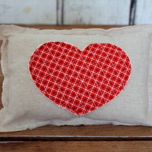 Cottage chic quilted heart small pillow, Valentine&#39;s heart stuffed vintage style mini pillow, red white heart, farmhouse, table shelf filler