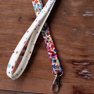 Lanyard, white multi star lanyard, cotton badge id holder, multi-colored stars, fun lanyard for her, gift for her, confetti star lanyard