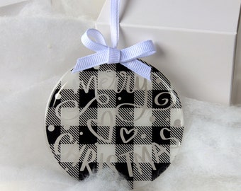 Merry Christmas black and white buffalo plaid tree ornament, round 3" ornament, black white plaid ornament, farmhouse style, holiday gift