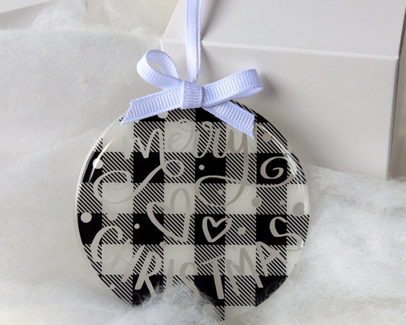 Merry Christmas black and white buffalo plaid tree ornament, round 3 ornament, black white plaid ornament, farmhouse style, holiday gift image 1