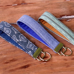 Key Fobs for him or her, choice of chambray, gray paisley, or blue brown stripes, key holder, gift for him, gift for her, fabric key fob image 1