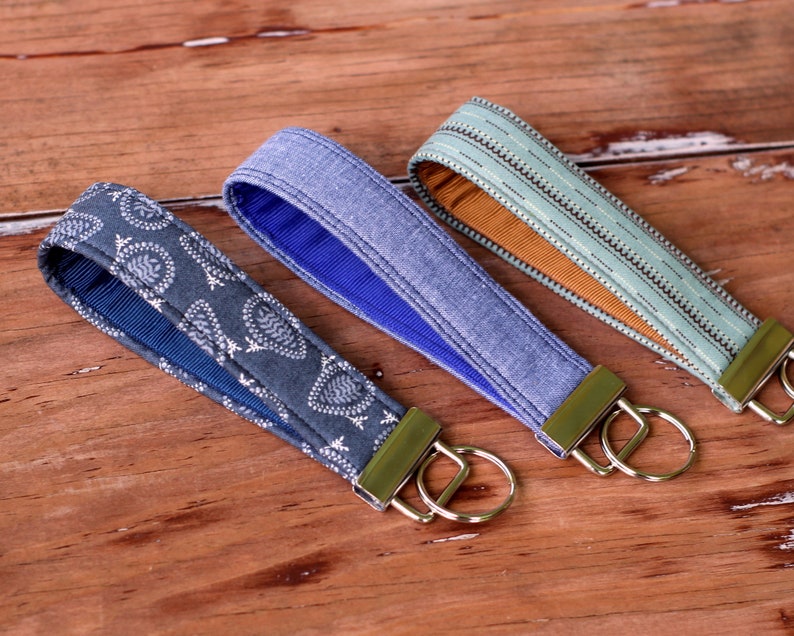 Key Fobs for him or her, choice of chambray, gray paisley, or blue brown stripes, key holder, gift for him, gift for her, fabric key fob image 1