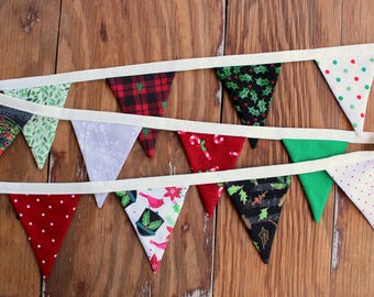 Christmas Mini Flag cotton fabric Bunting, red green white, shelf decor, home decorations