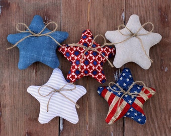 Fabric Stuffed Stars, Farmhouse Patriotic Cotton Stars, hanging Independence Day bowl filler, Fourth of July shelf decor, vintage inspired