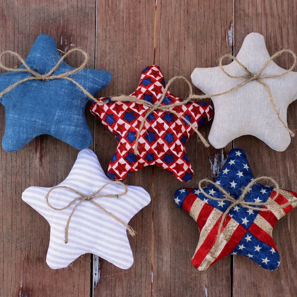 Fabric Stuffed Stars, Farmhouse Patriotic Cotton Stars, hanging Independence Day bowl filler, Fourth of July shelf decor, vintage inspired