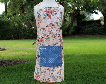 Kids Watercolor Floral Print Cotton Canvas Apron, blue dot pocket, adjustable ties