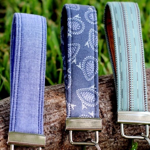 Key Fobs for him or her, choice of chambray, gray paisley, or blue brown stripes, key holder, gift for him, gift for her, fabric key fob image 3