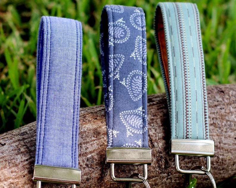 Key Fobs for him or her, choice of chambray, gray paisley, or blue brown stripes, key holder, gift for him, gift for her, fabric key fob image 3