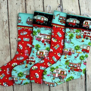 Camping Stocking, vintage camper, pop up camper, glamping stocking, trailer decor, red blue black, roaming holiday print, travel trailer