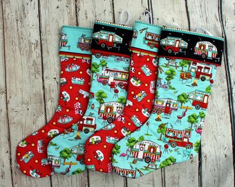 Camping Stocking, vintage camper, pop up camper, glamping stocking, trailer decor, red blue black, roaming holiday print, travel trailer