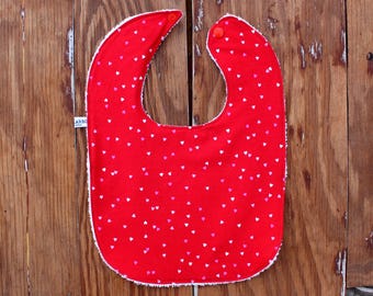 Valentine's Day red heart baby bib, pink white tiny hearts for girl, terrycloth back