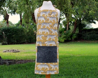 Kids Cheetah Canvas Apron, white gold, with black pocket, apron for boys and girls