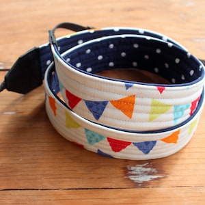 White Banner Reversible Cotton Camera Strap, Pennant Banner Flags on White with Navy Blue Dot camera strap, for men and women, free shipping