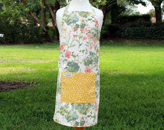 Girls Soft Floral Garden Cotton Canvas Apron, cream pink green, yellow flowers pocket, adjustable ties, cooking art gardening