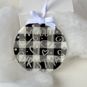 Merry Christmas black and white buffalo plaid tree ornament, round 3 ornament, black white plaid ornament, farmhouse style, holiday gift image 4