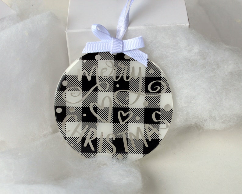 Merry Christmas black and white buffalo plaid tree ornament, round 3 ornament, black white plaid ornament, farmhouse style, holiday gift image 4