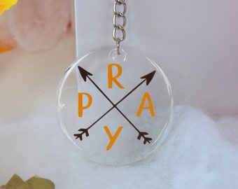 Pray Key Chain, acrylic clear round keychain with pray and arrows, fall keychain, red green gold brown, religious gift, gift under 10, tag