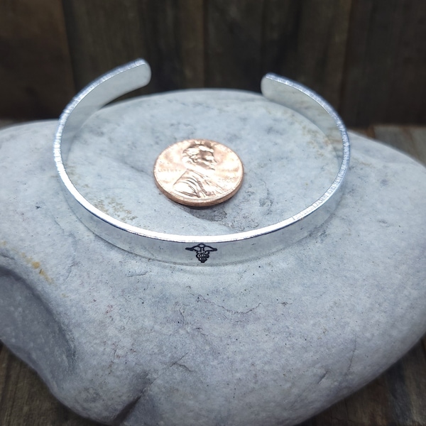 Hand Stamped Aluminum Bangle Bracelet - Lightweight - Medical Symbol