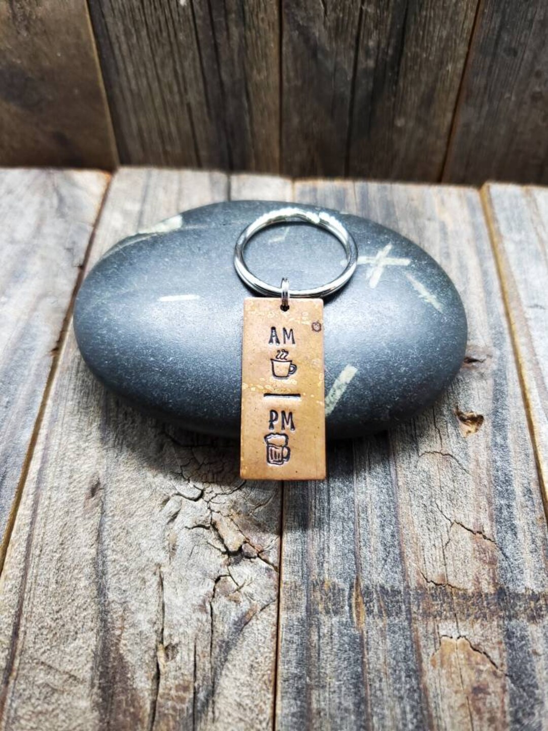 Hand Stamped Keychain - AM/PM - Coffee/beer - Etsy