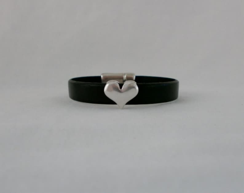 Black Leather Cuff with Silver Heart Slider Last one!