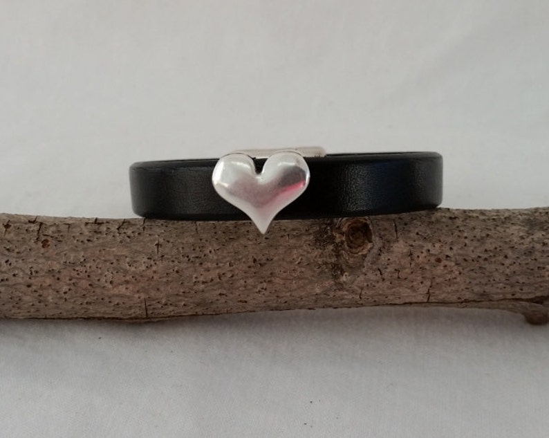 Black Leather Cuff with Silver Heart Slider Last one!