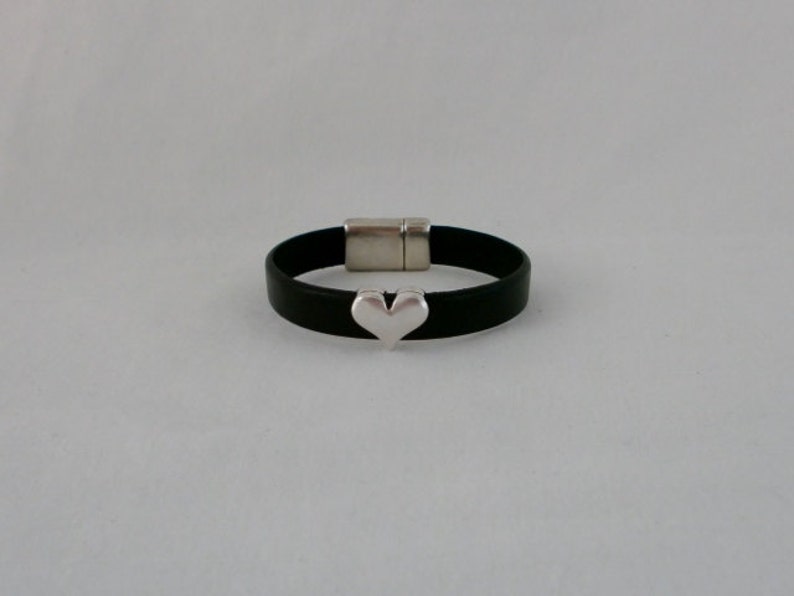 Black Leather Cuff with Silver Heart Slider Last one!
