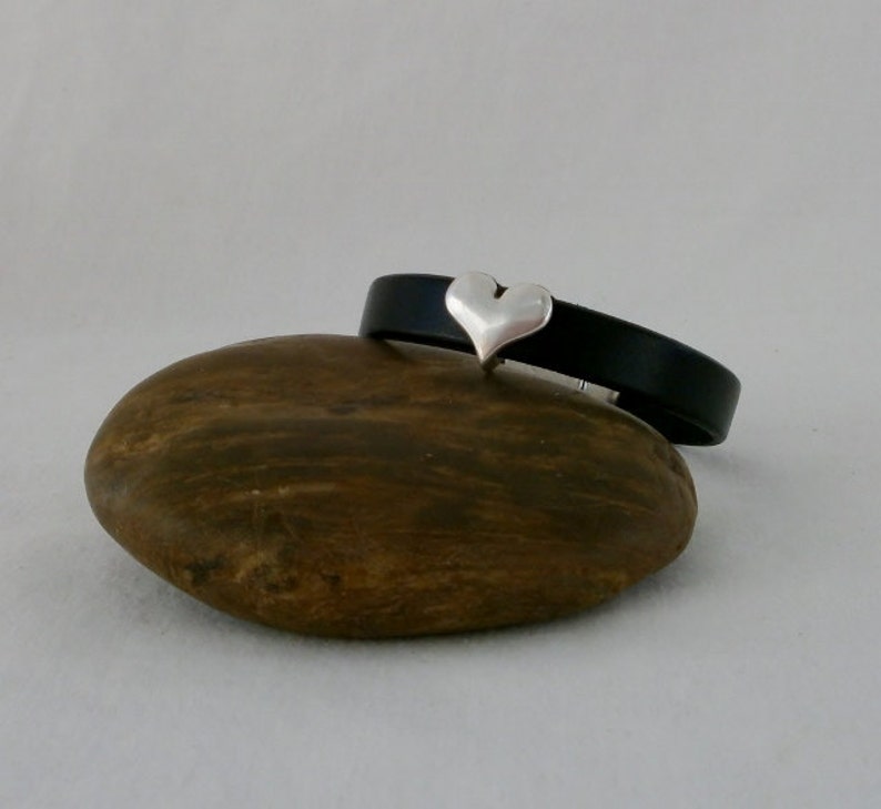 Black Leather Cuff with Silver Heart Slider Last one!