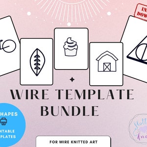 Könnte beinhalten: Ein druckbares Vorlagenpaket für Draht-Strickkunst. Das Paket enthält 21 Formen, darunter ein Fahrrad, ein Blatt, ein Cupcake, ein Haus und ein Dreieck mit einem Kreis darin. Der Text "WIRE TEMPLATE BUNDLE" ist in großen, fetten Buchstaben. Der Text "21 SHAPES" befindet sich in einem blauen Kreis mit einem Druckersymbol. Der Text "PRINTABLE TEMPLATES" befindet sich unter dem Kreis. Der Text "FOR WIRE KNITTED ART" befindet sich unter dem Titel des Pakets. Der Text "INSTANT DOWNLOAD" befindet sich in einem roten Rechteck in der oberen rechten Ecke des Bildes.