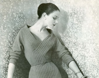 KNITTING PATTERN Vintage 50s Shawl Collar Dramatic Neckline Dress 74-0132-05 Instant Download PDF