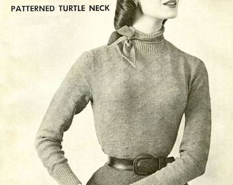 May include: A woman wearing a patterned grey turtleneck sweater with a matching skirt and a black belt. She is holding a grey handbag with a black strap and wearing white gloves.