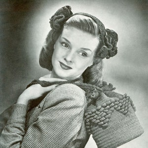 May include: A woman wearing a crocheted hat and a crocheted bag. The hat has a large flower design and the bag has a textured design.