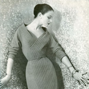 KNITTING PATTERN Vintage 50s Shawl Collar Dramatic Neckline Dress 74-0132-05 Instant Download PDF