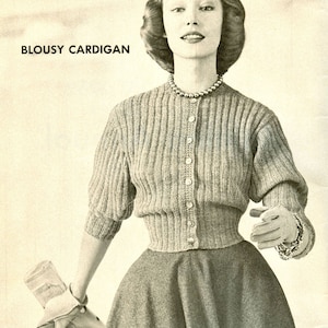 KNITTING PATTERN Vintage Blousy Cardigan 93-0008-01 Instant Download PDF